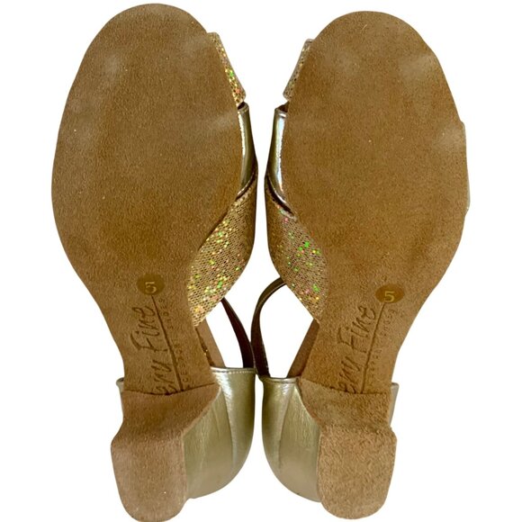 Very Fine Soft Gold Glitter Latin Dance Shoes Cuban Heel Open Toe Size 5 Leather - Picture 7 of 8